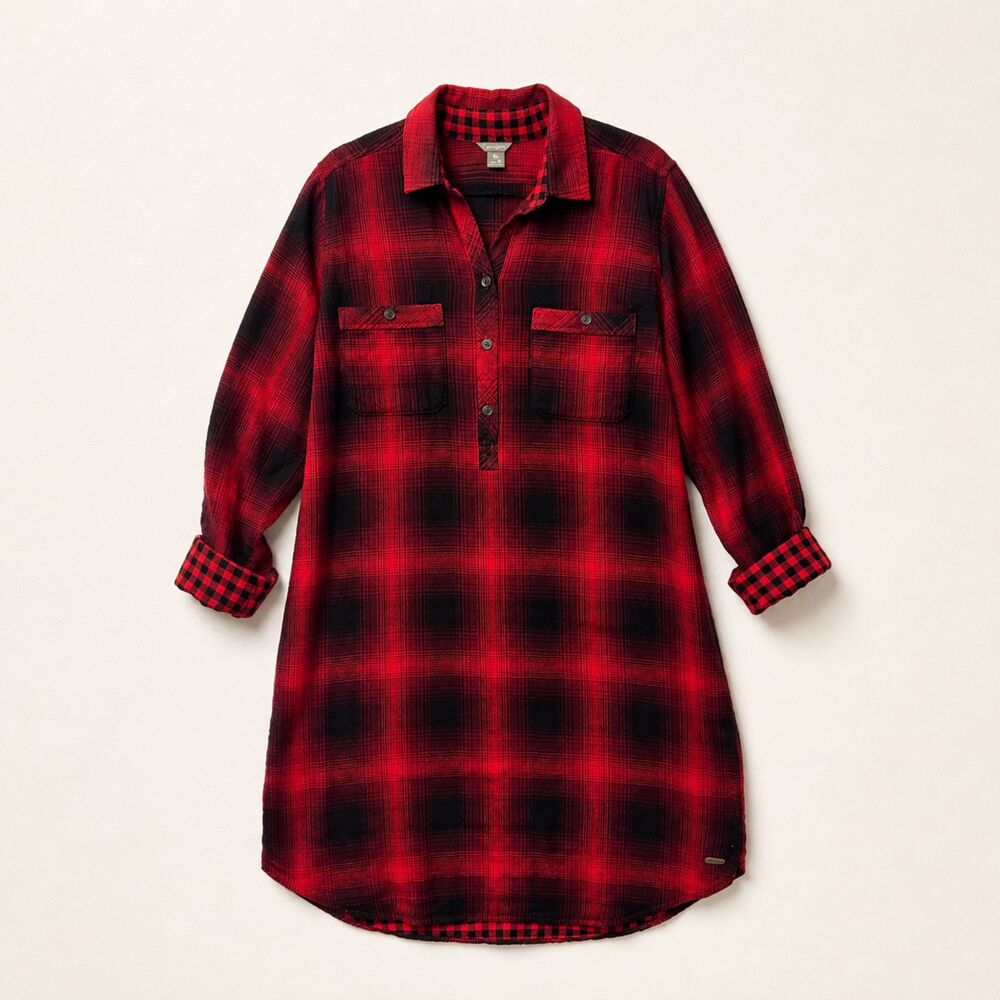 Eddie Bauer Red Black Plaid Cotton Shirt Dress Tunic Roll Tab Sleeve Women's 14